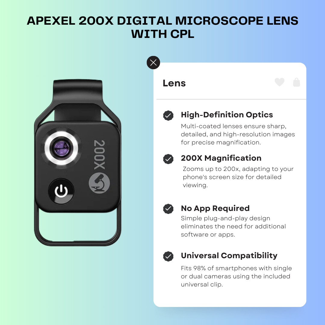 APEXEL 200X Digital Microscope Lens with CPL, LED Light, and Macro Lens for iPhone & Samsung Smartphones