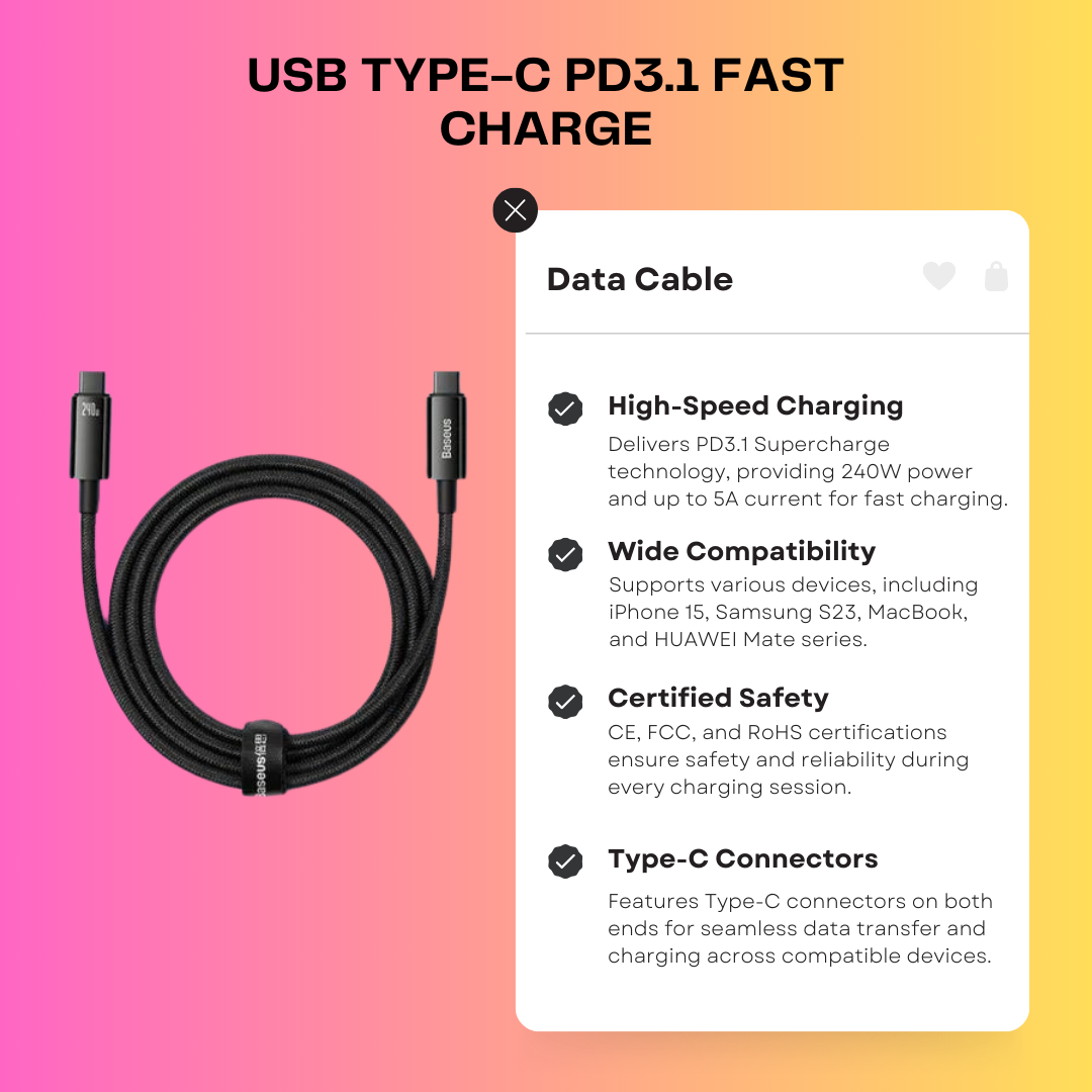 USB Type-C PD3.1 Fast charge 240W Data Cable for iPhone 15 Samsung S23 MacBook Laptops