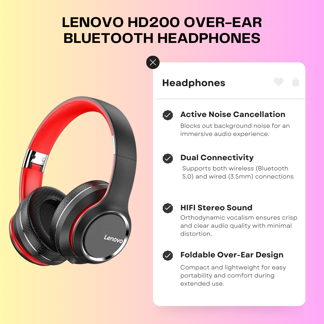 Original Lenovo HD200 Bluetooth Foldable Wireless Headphone
