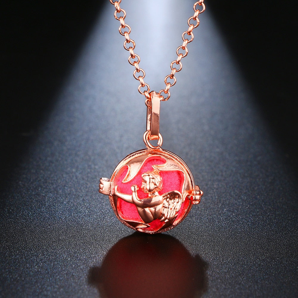 Exquisite Zircon Necklace with Angel Wings Aromatherapy Cage Pendant - Full Surround, High Quality, 16MM Music Ball, Perfume Lockets Jewelry for Women
