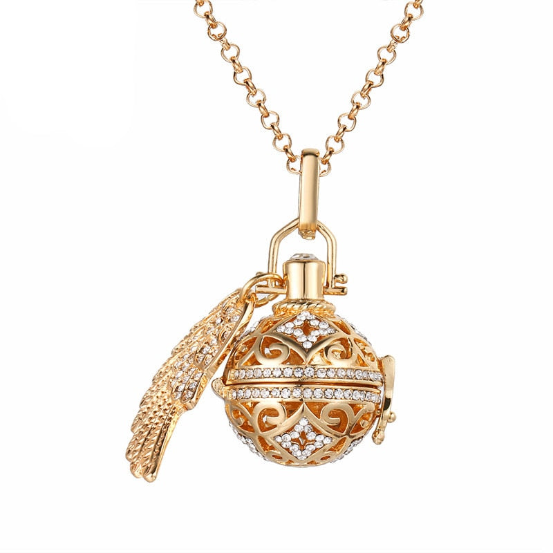 Exquisite Zircon Necklace with Angel Wings Aromatherapy Cage Pendant - Full Surround, High Quality, 16MM Music Ball, Perfume Lockets Jewelry for Women