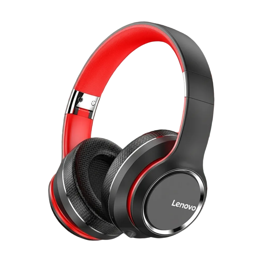 Lenovo HD200 over-ear Bluetooth headphones with a black and red color scheme, featuring a foldable design and in-ear cups.