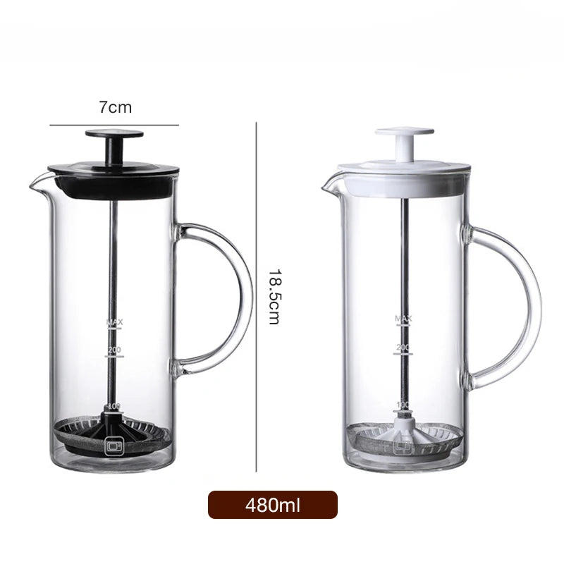 480ml Manual Glass Milk Frother with Stainless Steel Plunger
