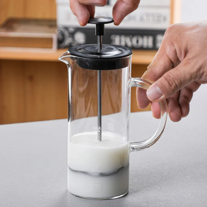 480ml Manual Glass Milk Frother with Stainless Steel Plunger