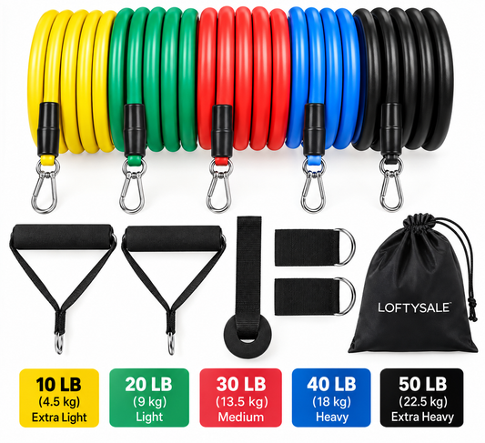 12-piece resistance bands set with handles, ankle straps, door anchor and carry bag