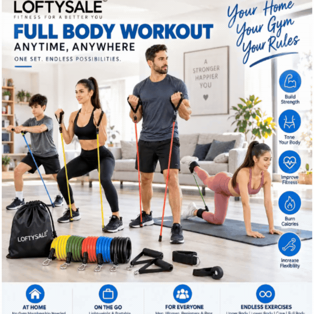 Full body home workout with Loftysale 11-piece resistance bands set