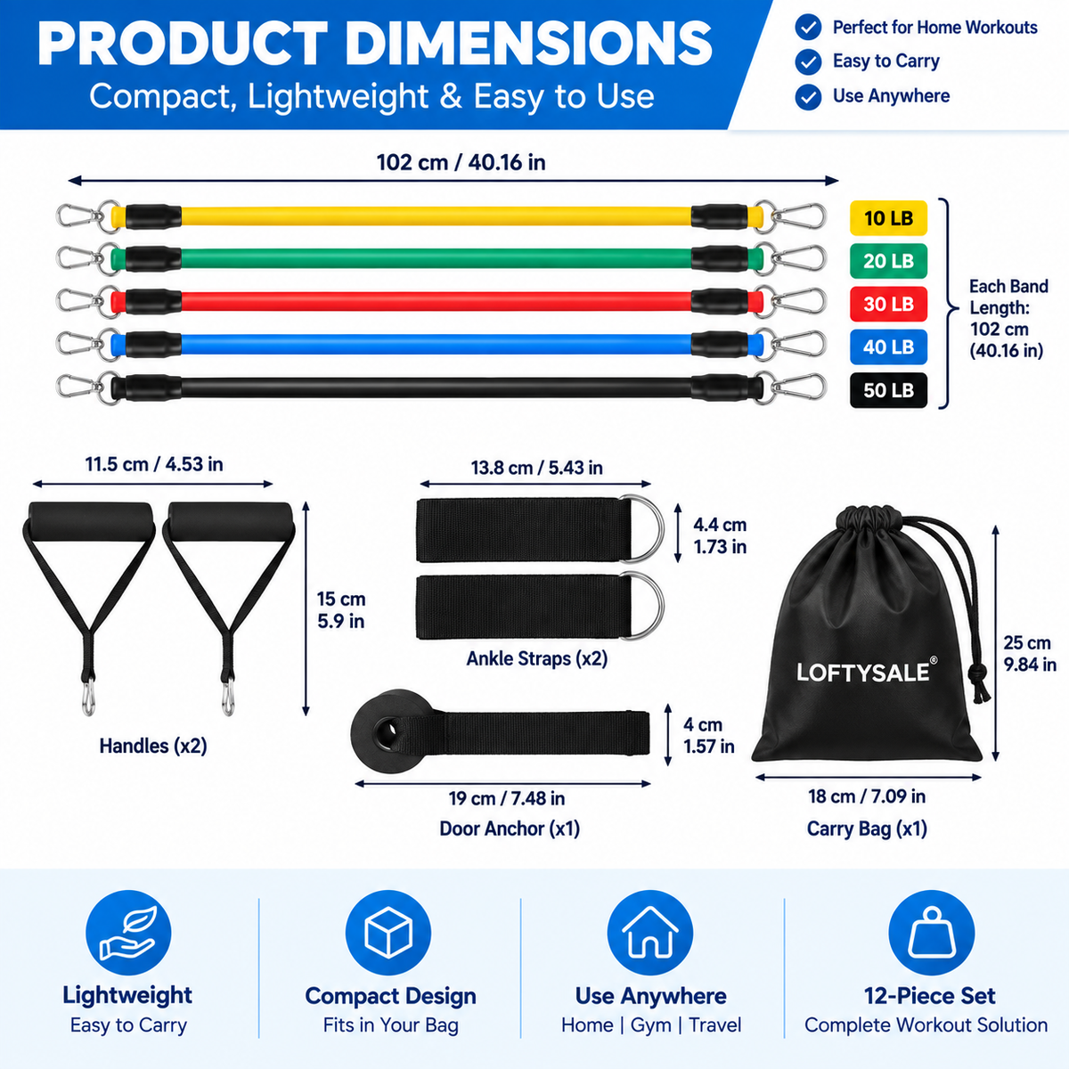 Resistance bands set dimensions including bands handles ankle straps and door anchor