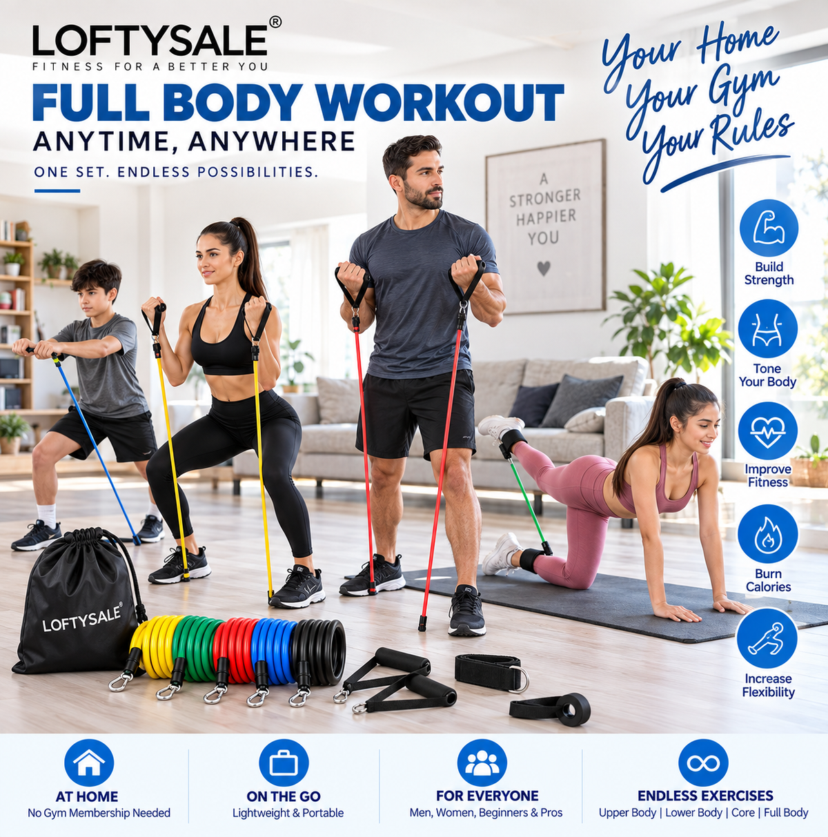 Full-body home workout using Loftysale resistance bands for arms legs and strength training
