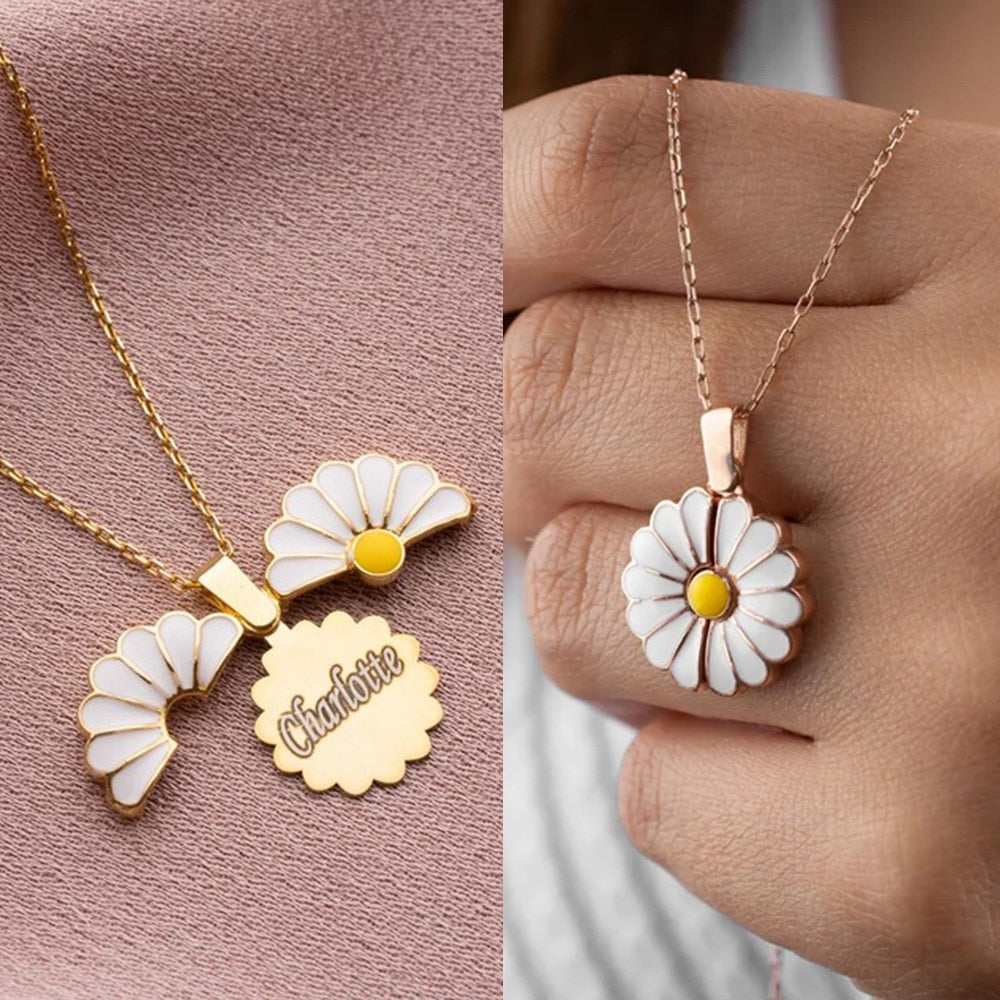 Personalized Daisy Flower Pendant Name Necklace: Custom Engraved Stainless Steel Chain Choker - Thoughtful Gift