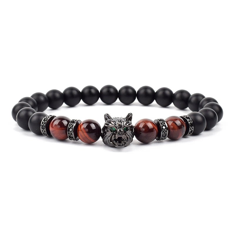 Wolf Charm Bracelets Men Natural Black Agates Onyx Stone Bracelet Brave Blue Tiger Eye Elastic 8 mm Beads Jewelry Beaded Pulsera
