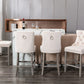 2X Velvet Bar Stools with Studs Trim Wooden Legs Tufted Dining Chairs Kitchen
