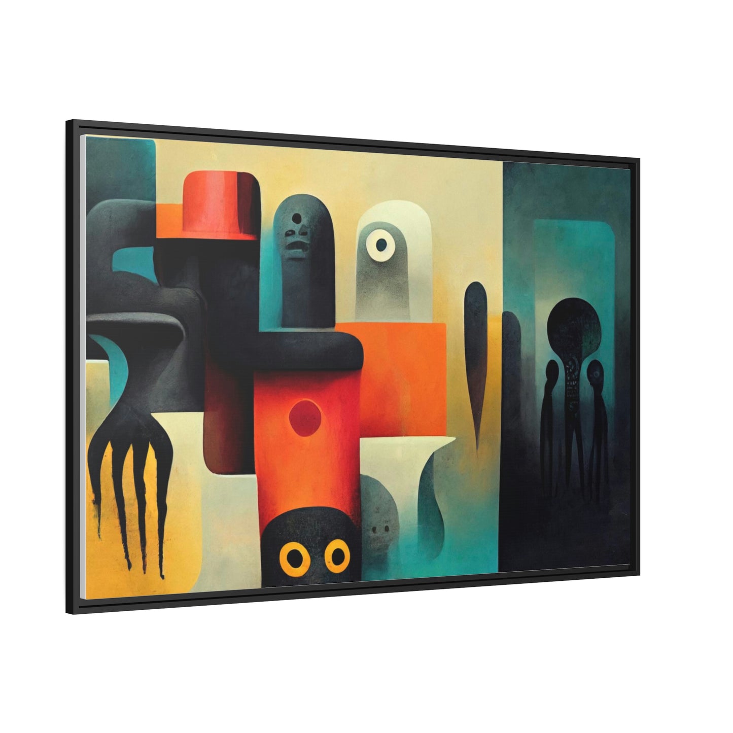 Framed canvas wall art of surreal abstract painting in the style of primitive abstraction ethnic motives of african tribes